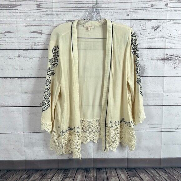 Skies are Blue Cardigan Sweater Womens XL Ivory Navy Embroidered Lace Cottage - Picture 1 of 10